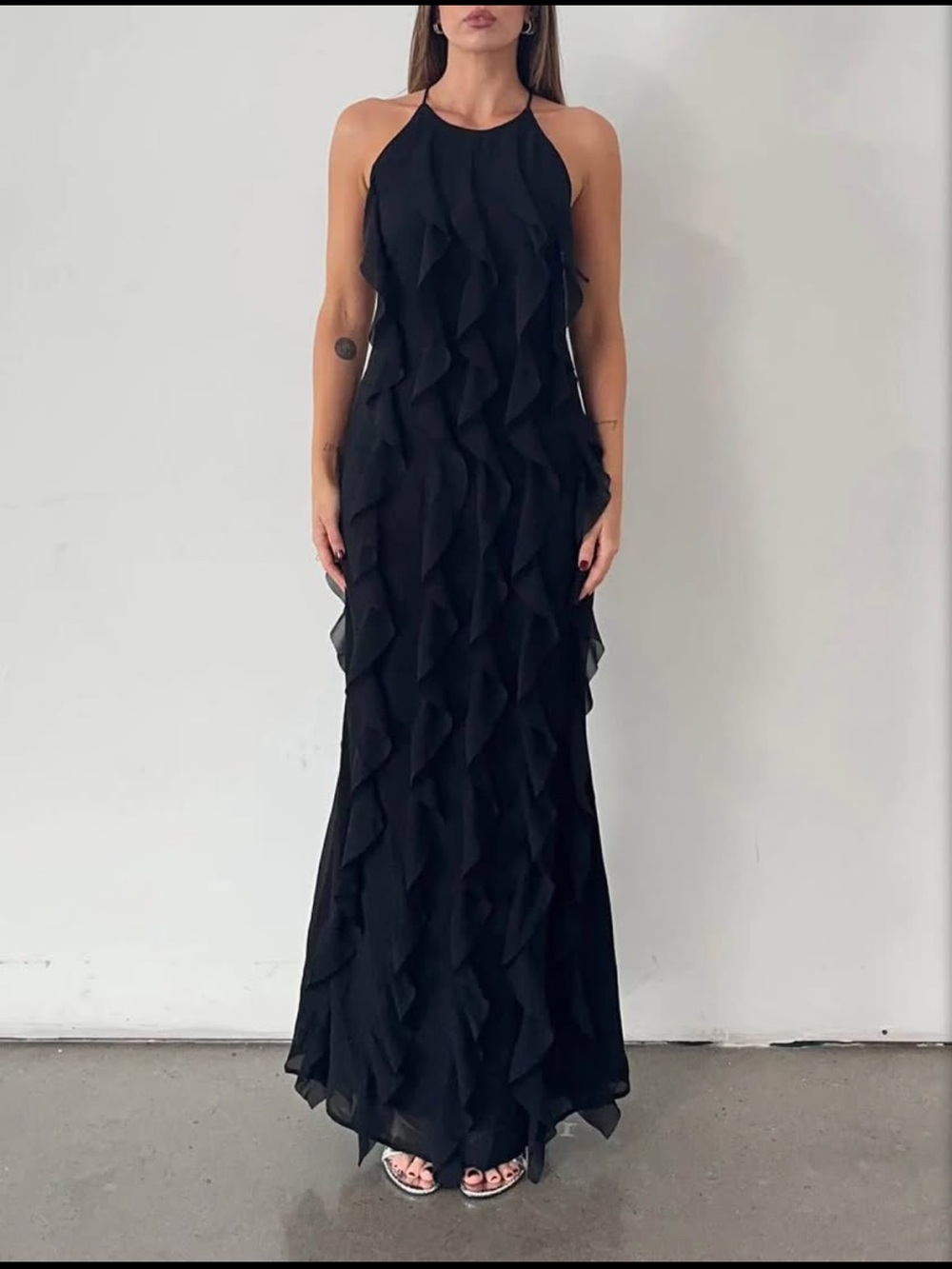 Ruffled Halter Black Maxi Dress